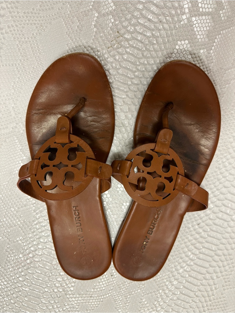 Tory Burch Cognac Leather Logo Thong Sandals
